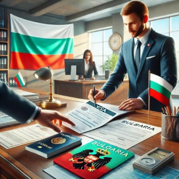Документы и ключи от офиса на фоне болгарского флага, символизирующие открытие фирм в Болгарии для иностранных предпринимателей