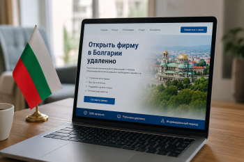 Удалённая регистрация компании в Болгарии — ноутбук с экраном на болгарском языке, паспорт, печать и символика Евросоюза.