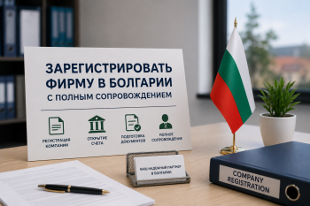 Полное сопровождение регистрации фирмы в Болгарии. Документы, печать компании и флаг Болгарии на фоне офиса.