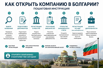 Регистрация компании в Болгарии для иностранцев — оформление документов на столе с ноутбуком и флагом ЕС.