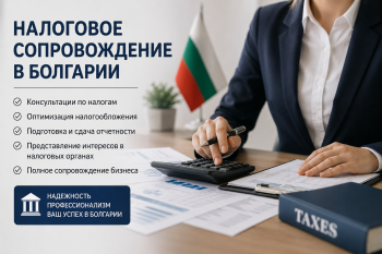 Профессиональная команда бухгалтеров и юристов обсуждает налоговое сопровождение бизнеса в Болгарии, используя документы и ноутбук.