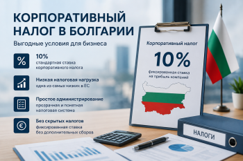 График и диаграмма, показывающие низкую ставку корпоративного налога в Болгарии в размере 10% на фоне флага Болгарии и Евросоюза.