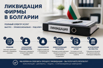Пошаговая схема процедуры ликвидации фирмы в Болгарии, включающая этапы от принятия решения до исключения из Торгового реестра